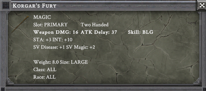 KORGAR'S FURY item card screenshot, slot PRIMARY TWO HANDED