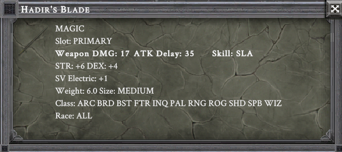 HADIR'S BLADE item card screenshot, slot PRIMARY