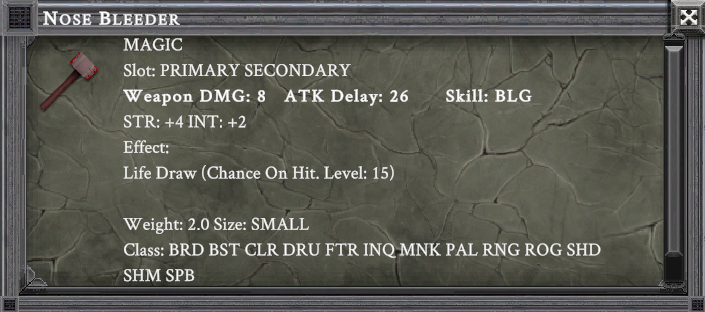 NOSE BLEEDER item card screenshot, slot PRIMARY SECONDARY