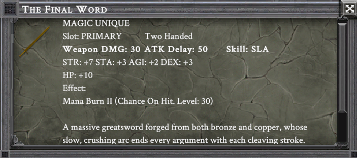 THE FINAL WORD item card screenshot, slot PRIMARY TWO HANDED, lore: A massive greatsword forged from both bronze and copper, whose slow, crushing arc ends every argument with each cleaving stroke.