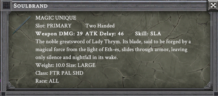 SOULDBRAND item card screenshot, slot PRIMARY TWO HANDED, lore: The noble greatsword of Lady Thrym. Its blade, said to be forged by a magical force from the light of Eth-es, slides through armor, leaving only silence and nightfall in its wake.