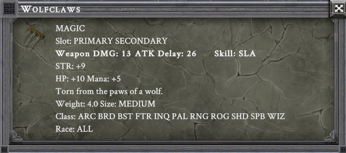 WOLFCLAWS item card screenshot, slot PRIMARY SECONDARY, lore: Torn from the paws of a wolf.