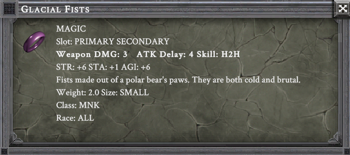 GLACIAL FISTS item card screenshot, slot PRIMARY SECONDARY, lore: Fists made out of a polar bear's paws. They are both cold and brutal.