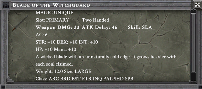 BLADE OF THE WITCHGUARD item card screenshot, slot PRIMARY TWO HANDED, lore: A wicked blade with an unnaturally cold edge. It grows heavier with each soul claimed.