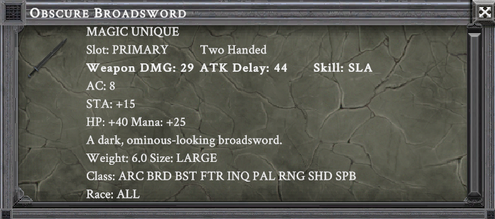 OBSCURE BROADSWORD item card screenshot, slot PRIMARY TWO HANDED, lore: A dark, ominous-looking broadsword.