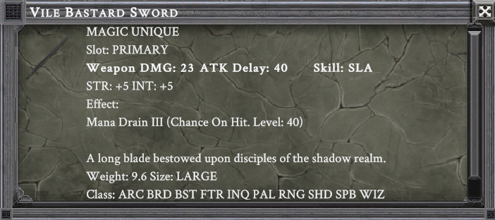 VILE BASTARD SWORD item card screenshot, slot PRIMARY, lore: A long blade bestowed upon disciples of the shadow realm.