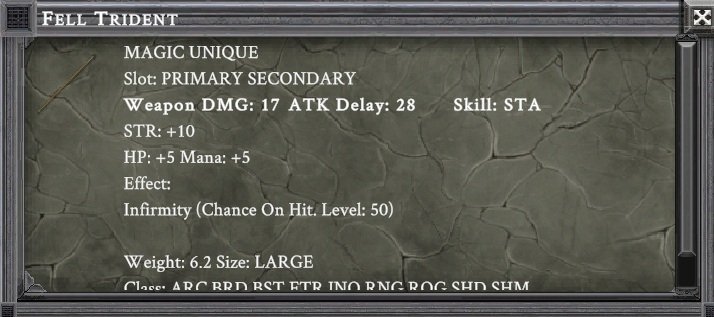 FELL TRIDENT item card screenshot, slot PRIMARY SECONDARY
