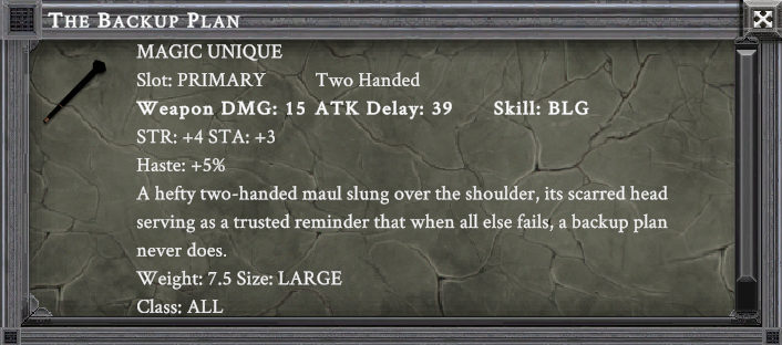 THE BACKUP PLAN item card screenshot, slot PRIMARY TWO HANDED, lore: A hefty two-handed maul slung over the shoulder, its scarred head serving as a trusted reminder that when all else fails, a backup plan never does.