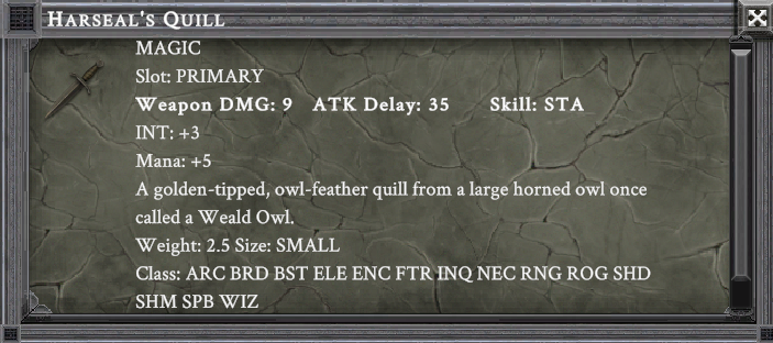 HARSEAL'S QUILL item card screenshot, slot PRIMARY, lore: A golden-tipped, owl-feather quill from a large horned owl once called a Weald Owl.