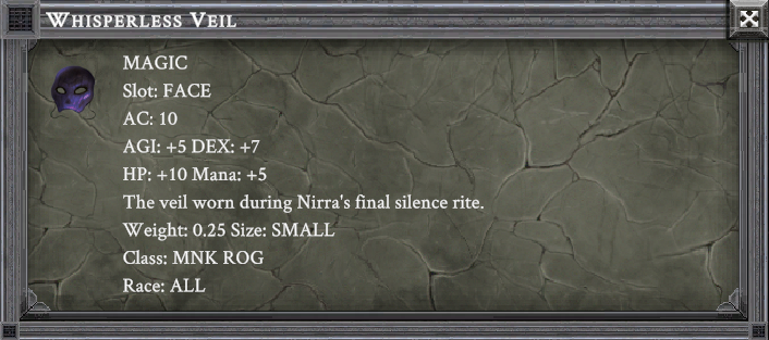 WHISPERLESS VEIL item card screenshot, slot FACE, lore: The veil worn during Nirra's final silence rite.