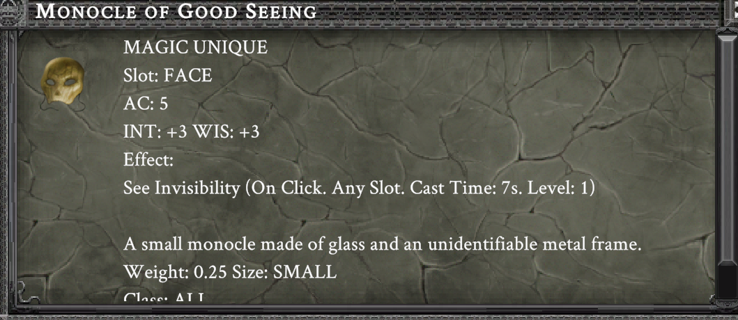 MONOCLE OF GOOD SEEING item card screenshot, slot FACE, lore: A small monocle made of glass and an unidentifiable metal frame.