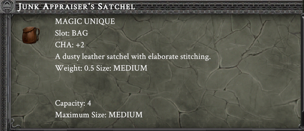 JUNK APPRAISER'S SATCHEL item card screenshot, slot BAG, lore: A dusty leather satchel with elaborate stitching.