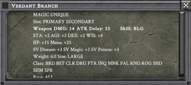 VERDANT BRANCH item card screenshot, slot PRIMARY SECONDARY