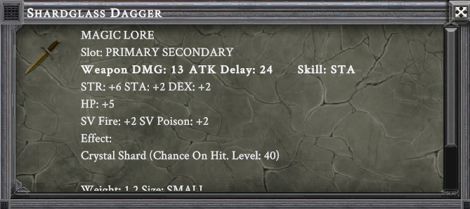 SHARDGLASS DAGGER item card screenshot, slot PRIMARY SECONDARY