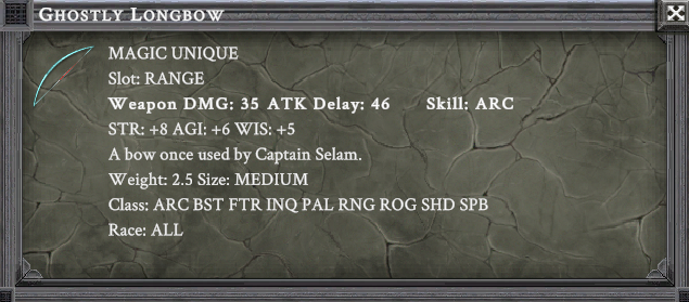 GHOSTLY LONGBOW item card screenshot, slot RANGE, lore: A bow once used by Captain Selam.