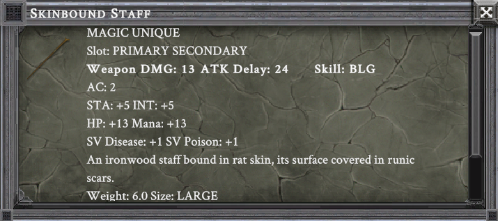 SKINBOUND STAFF item card screenshot, slot PRIMARY SECONDARY, lore: An ironwood staff bound in rat skin, its surface covered in runic scars.