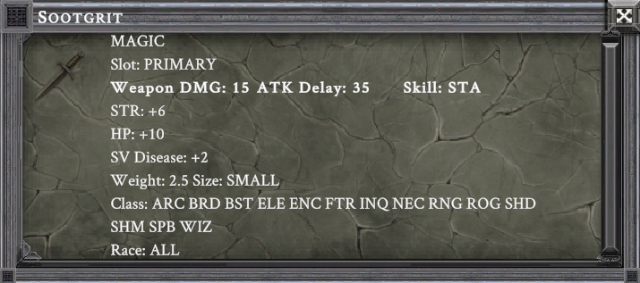 SOOTGRIT item card screenshot, slot PRIMARY