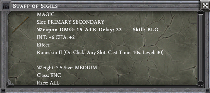 STAFF OF SIGILS item card screenshot, slot PRIMARY SECONDARY