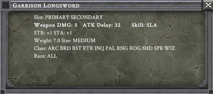 GARRISON LONGSWORD item card screenshot, slot PRIMARY SECONDARY