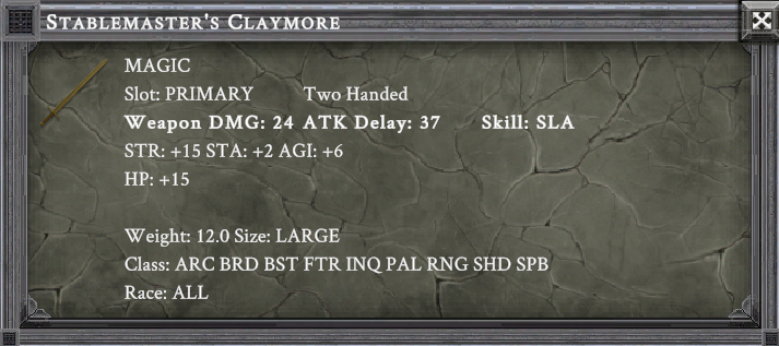 STABLEMASTER'S CLAYMORE item card screenshot, slot PRIMARY, lore: A colossal slab of a blade, fashioned from discarded shoe-iron.