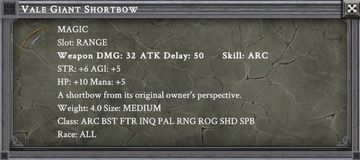 VALE GIANT SHORTBOW item card screenshot, slot RANGE, lore: A shortbow from its original owner's perspective.