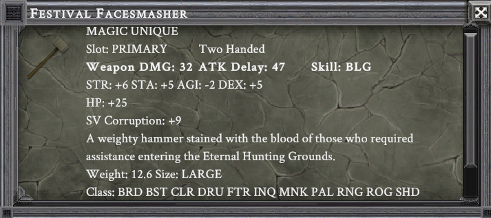 FESTIVAL FACESMASHER item card screenshot, slot PRIMARY, lore: A weighty hammer stained with the blood of those who required assistance entering the Eternal Hunting Grounds.