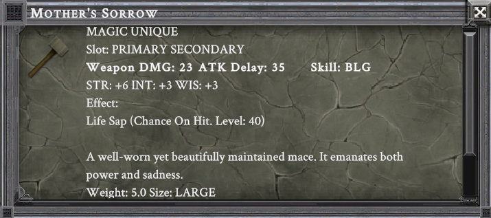 MOTHER'S SORROW item card screenshot, slot PRIMARY SECONDARY, lore: A well-worn yet beautifully maintained mace. It emanates both power and sadness.