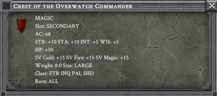 CREST OF THE OVERWATCH COMMANDER item card screenshot, slot SECONDARY