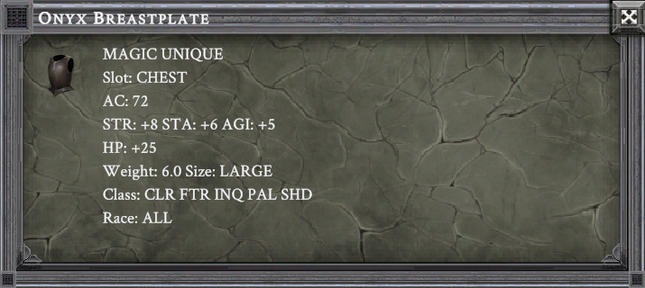 ONYX BREASTPLATE item card screenshot, slot CHEST