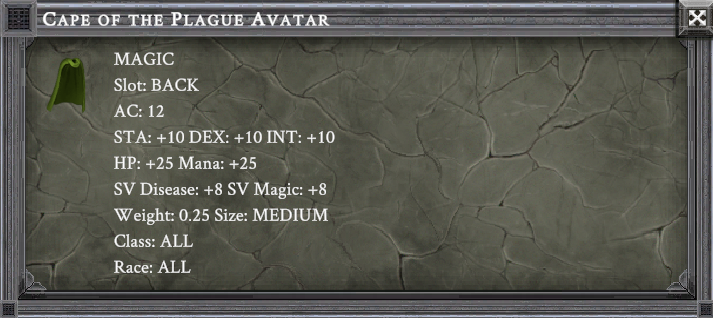 CAPE OF THE PLAGUE AVATAR item card screenshot, slot BACK