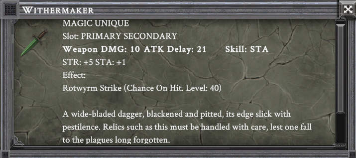 WITHERMAKER item card screenshot, slot PRIMARY SECONDARY, lore: A wide-bladed dagger, blackened and pitted, its edge slick with pestilence. Relics such as this must be handled with care, lest one fall to the plagues long forgotten.