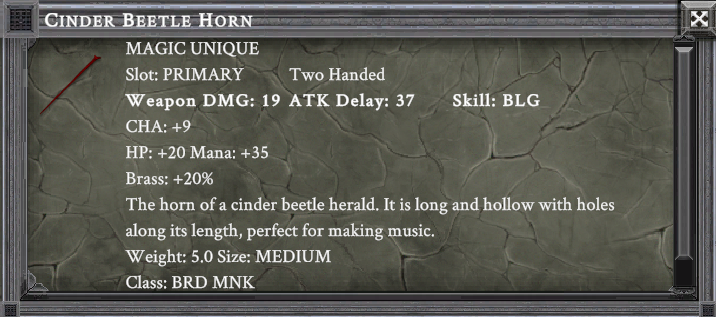 CINDER BEETLE HORN item card screenshot, slot PRIMARY TWO HANDED, lore: The horn of a cinder beetle herald. It is long and hollow with holes along its length, perfect for making music.