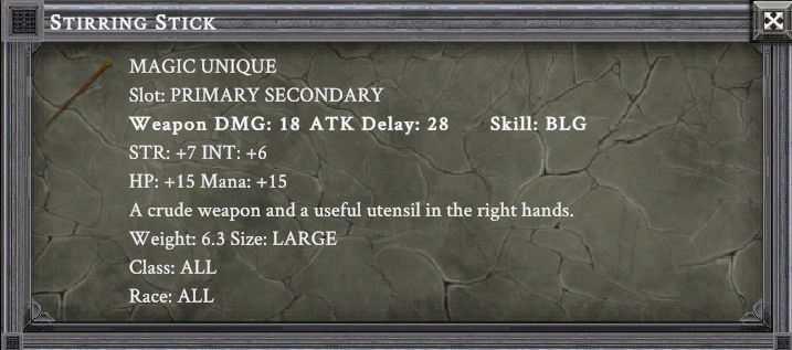 STIRRING STICK item card screenshot, slot PRIMARY SECONDARY, lore: A crude weapon and a useful utensil in the right hands.