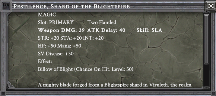 PESTILENCE, SHARD OF THE BLIGHTSPIRE item card screenshot, slot PRIMARY, lore: A mighty blade forged from a Blightspire shard in Viruleth, the realm of Trimminax.