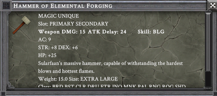 HAMMER OF ELEMENTAL FORGING item card screenshot, slot PRIMARY SECONDARY, lore: Sularfaan's massive hammer, capable of withstanding the hardest blows and hottest flames.