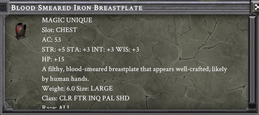 BLOOD SMEARED IRON BREASTPLATE item card screenshot, slot CHEST, lore: A filthy, blood-smeared breastplate that appears well-crafted, likely by human hands.