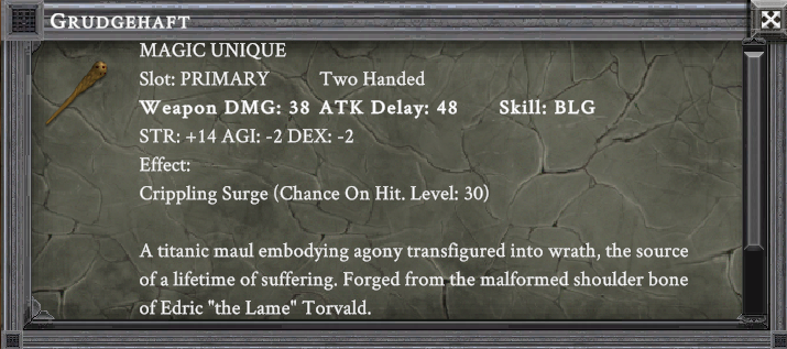GRUDGEHAFT item card screenshot, slot PRIMARY, lore: A titanic maul embodying agony transfigured into wrath, the source of a lifetime of suffering. Forged from the malformed shoulder bone of Edric "the Lame" Torvald.