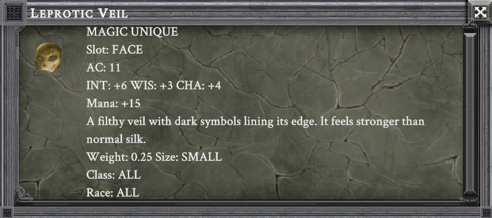 LEPROTIC VEIL item card screenshot, slot FACE, lore: A filthy veil with dark symbols lining its edge. It feels stronger than normal silk.