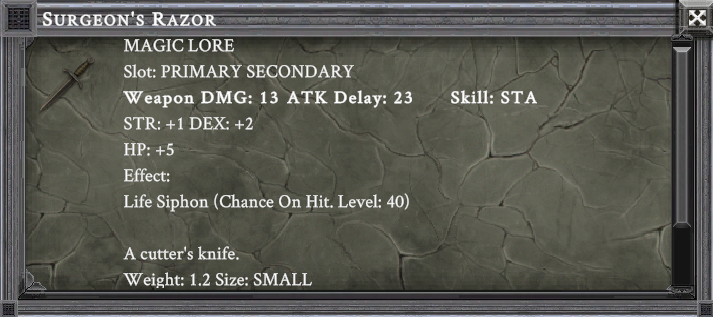 SURGEON'S RAZOR item card screenshot, slot PRIMARY SECONDARY, lore: A cutter's knife.