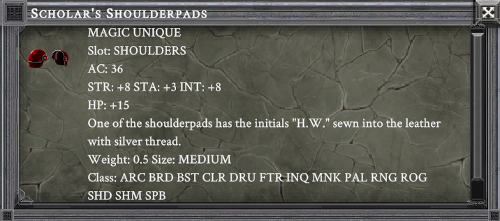 SCHOLAR'S SHOULDERPADS item card screenshot, slot SHOULDERS, lore: One of the shoulderpads has the initials "H.W." sewn into the leather with silver thread