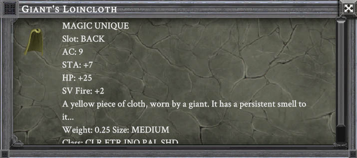 GIANT'S LOINCLOTH item card screenshot, slot BACK, lore: A yellow piece of cloth, worn by a giant. It has a persistent smell to it...