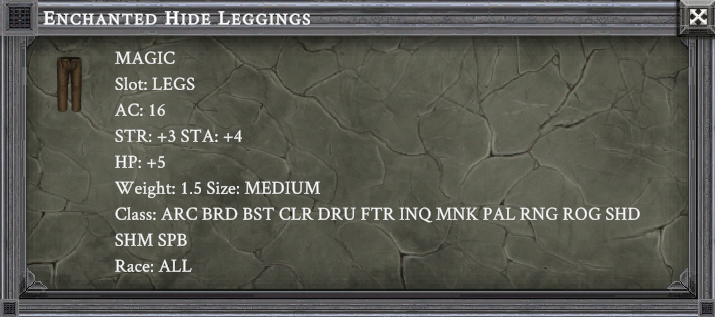 ENCHANTED HIDE LEGGINGS item card screenshot, slot LEGS