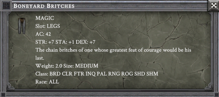 BONEYARD BRITCHES item card screenshot, slot LEGS, lore: The chain britches of one whose greatest feat of courage would be his last.