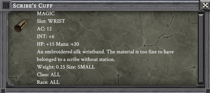 SCRIBE'S CUFF item card screenshot, slot WRIST, lore: An embroidered silk wristband. The material is too fine to have belonged to a scribe without station.