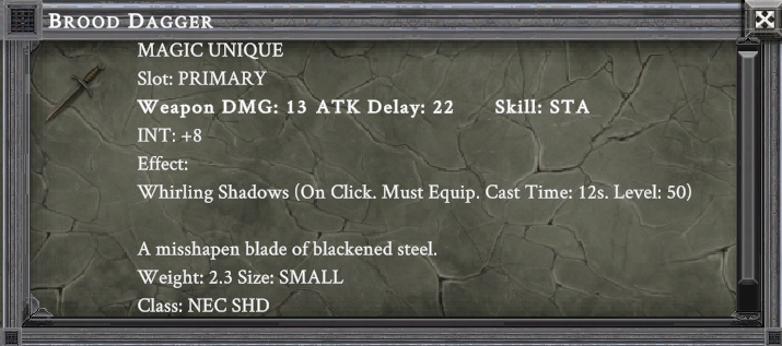 BROOD DAGGER item card screenshot, slot PRIMARY, lore: A misshapen blade of blackened steel.