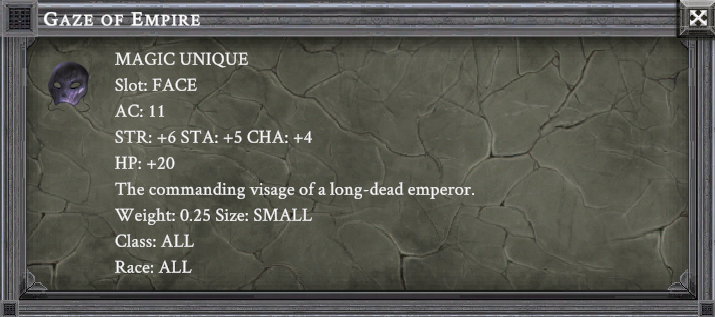 GAZE OF EMPIRE item card screenshot, slot FACE, lore: The commanding visage of a long-dead emperor.