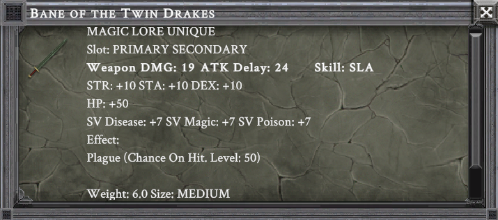 BANE OF THE TWIN DRAKES item card screenshot, slot PRIMARY SECONDARY