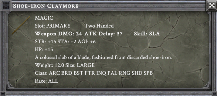 SHOE-IRON CLAYMORE item card screenshot, slot PRIMARY, lore: A colossal slab of a blade, fashioned from discarded shoe-iron.