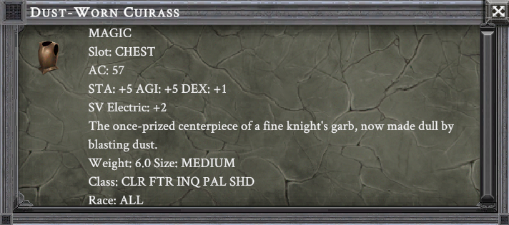 DUST-WORN CUIRASS item card screenshot, slot CHEST, lore: The once-prized centerpiece of a fine knight's garb, now made dull by blasting dust.