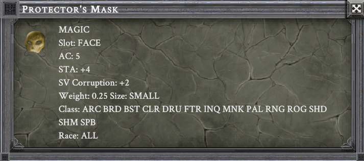 PROTECTOR'S MASK item card screenshot, slot FACE